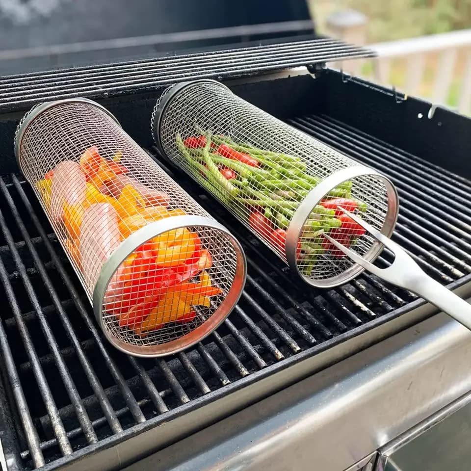 (Set of 2) UPDATED BBQ Grill Net Tube,Rolling Grilling Basket BBQ Basket Rotisserie,Grill Tool with Removable Mesh Cover,Accessories Great Grilling Gifts for Men Dad (11.8 inch & 8.3 inch)