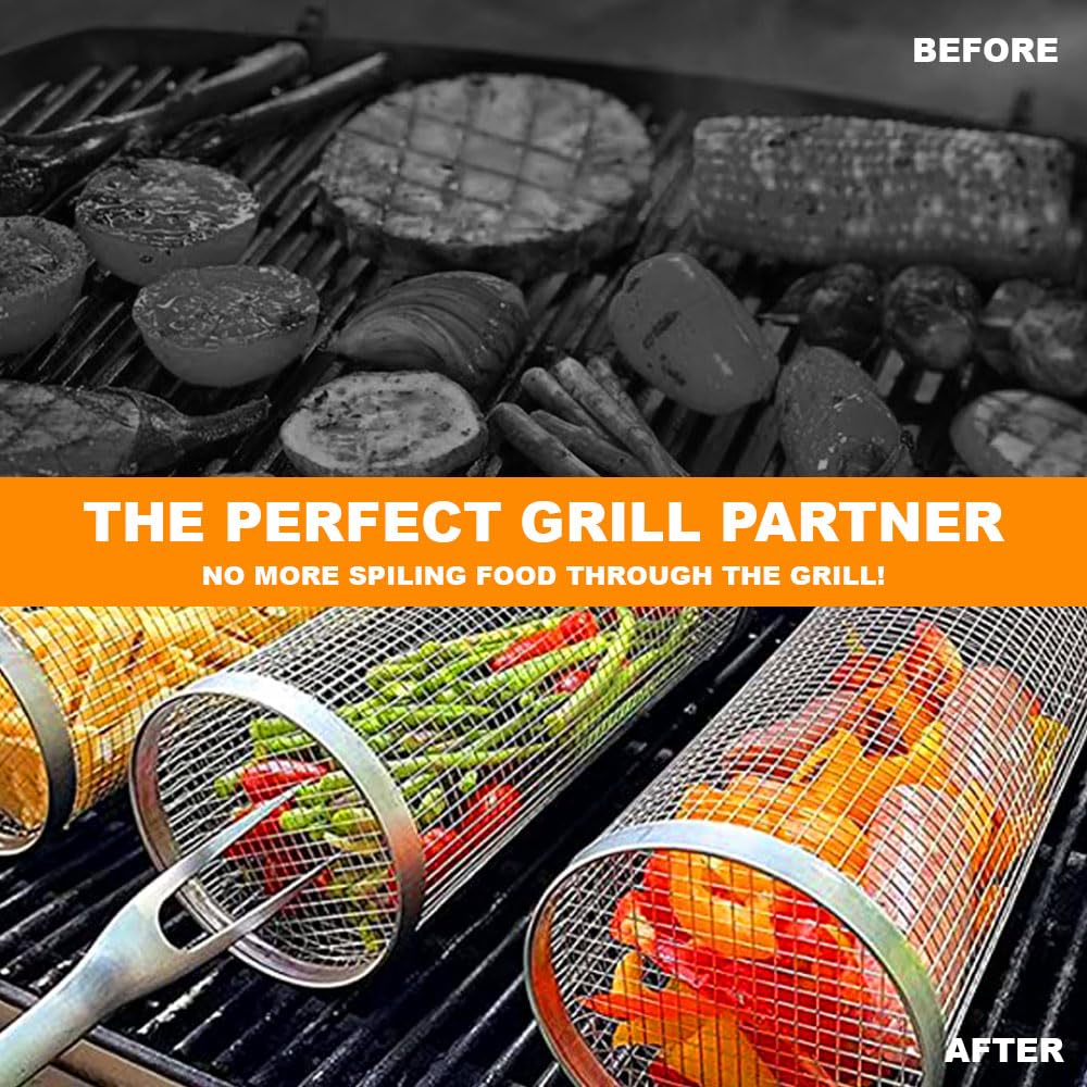 (Set of 2) UPDATED BBQ Grill Net Tube,Rolling Grilling Basket BBQ Basket Rotisserie,Grill Tool with Removable Mesh Cover,Accessories Great Grilling Gifts for Men Dad (11.8 inch & 8.3 inch)