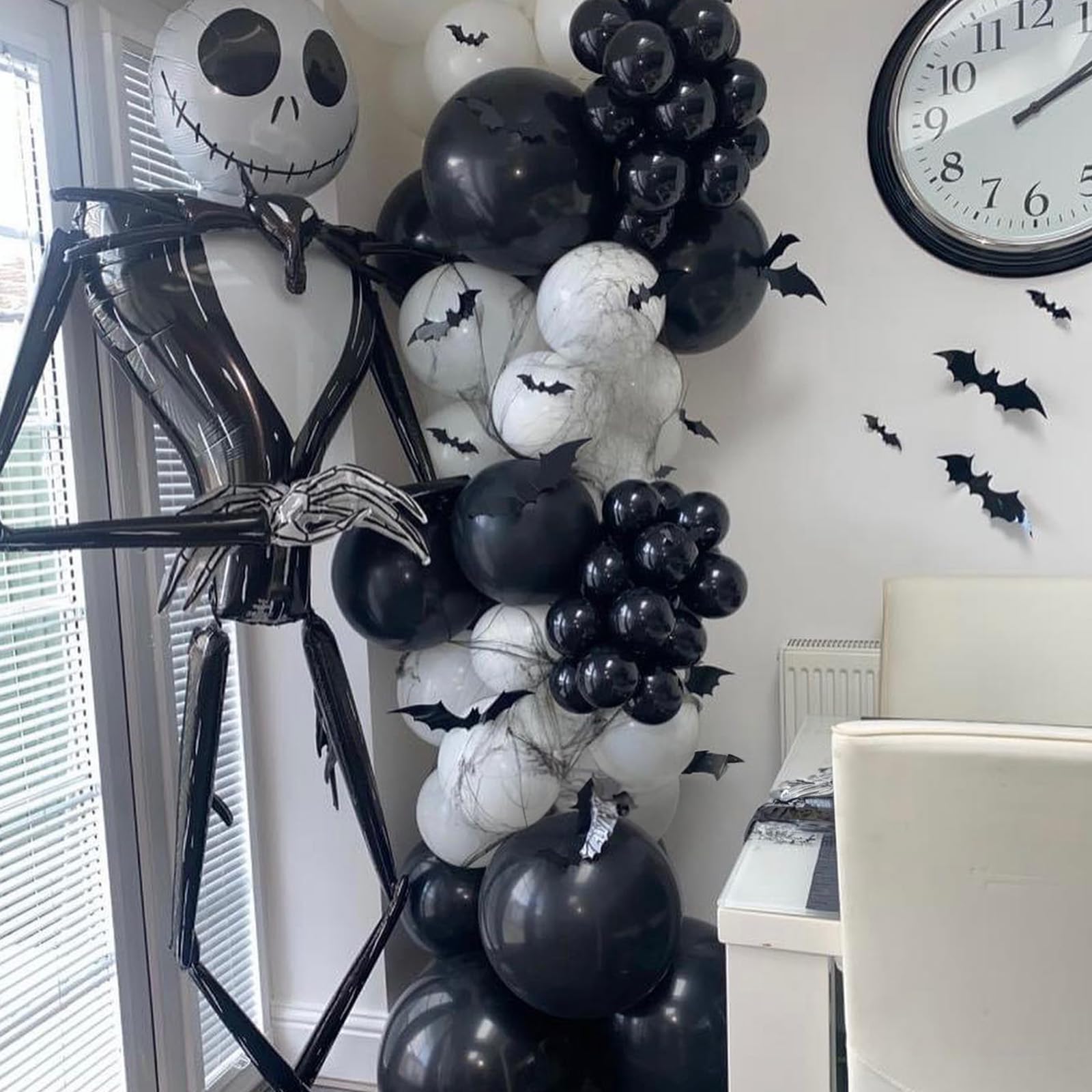 Halloween Balloon Arch Kit, Black White Halloween Decorations Balloons Garland Kit with Silver Explosion Star Skull Cone Foil Balloons 3D Bat Sticker for Halloween Party Haunted House Birthday Decor