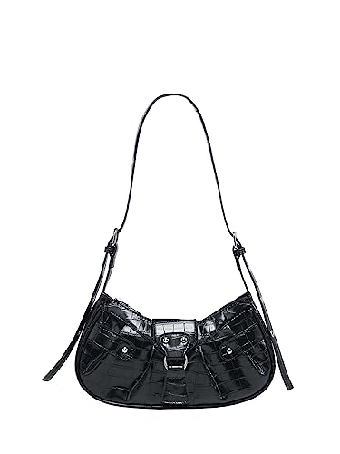 SweatyRocks Women's Buckle Leather Crocodile Embossed Zipper Handbag Shoulder Bag with Adjustable Strap Black one-size