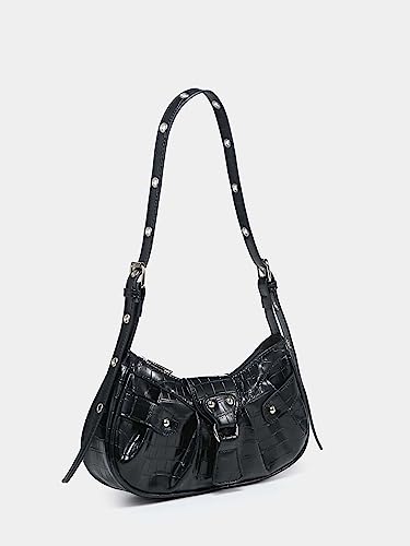 SweatyRocks Women's Buckle Leather Crocodile Embossed Zipper Handbag Shoulder Bag with Adjustable Strap Black one-size