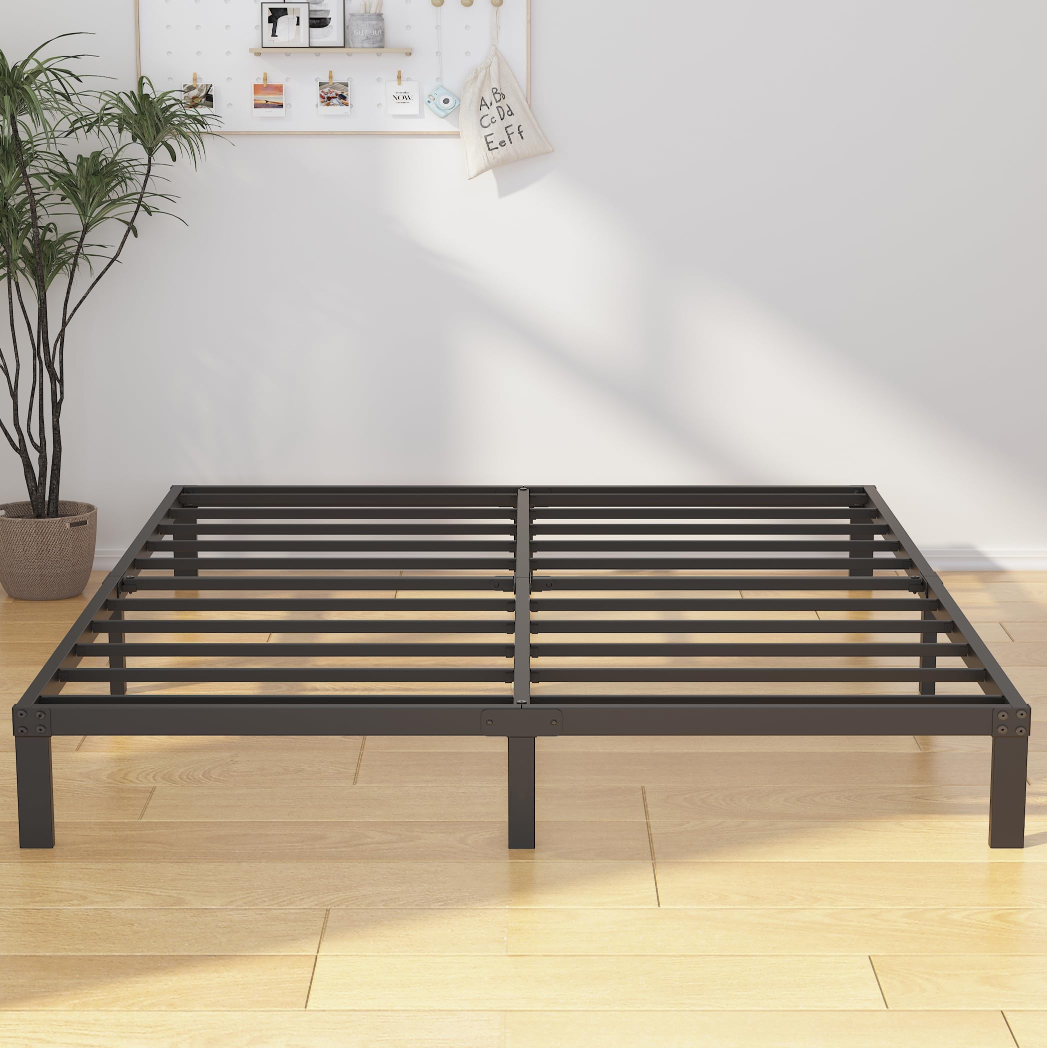 EMODA Queen Bed Frame No Box Spring Needed 6 Inch Heavy Duty Metal Platform BedFrame Queen Size with Steel Slats, Easy Assembly, Black