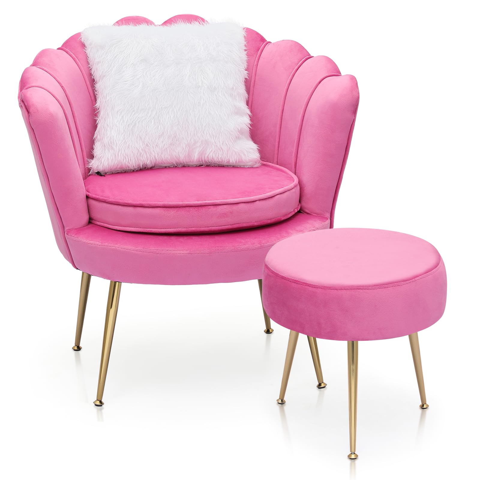 MoNiBloom Pink Accent Chair with Ottoman, Living Room Upholstered Modern Velvet Chair, Bedroom Leisure Single Sofa Chair Armchair Comfy Chair Reading Club Coffee Chair with Pillow and Soft Cushion