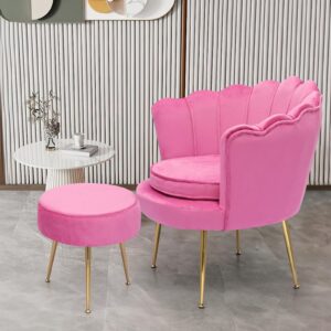 MoNiBloom Pink Accent Chair with Ottoman, Living Room Upholstered Modern Velvet Chair, Bedroom Leisure Single Sofa Chair Armchair Comfy Chair Reading Club Coffee Chair with Pillow and Soft Cushion