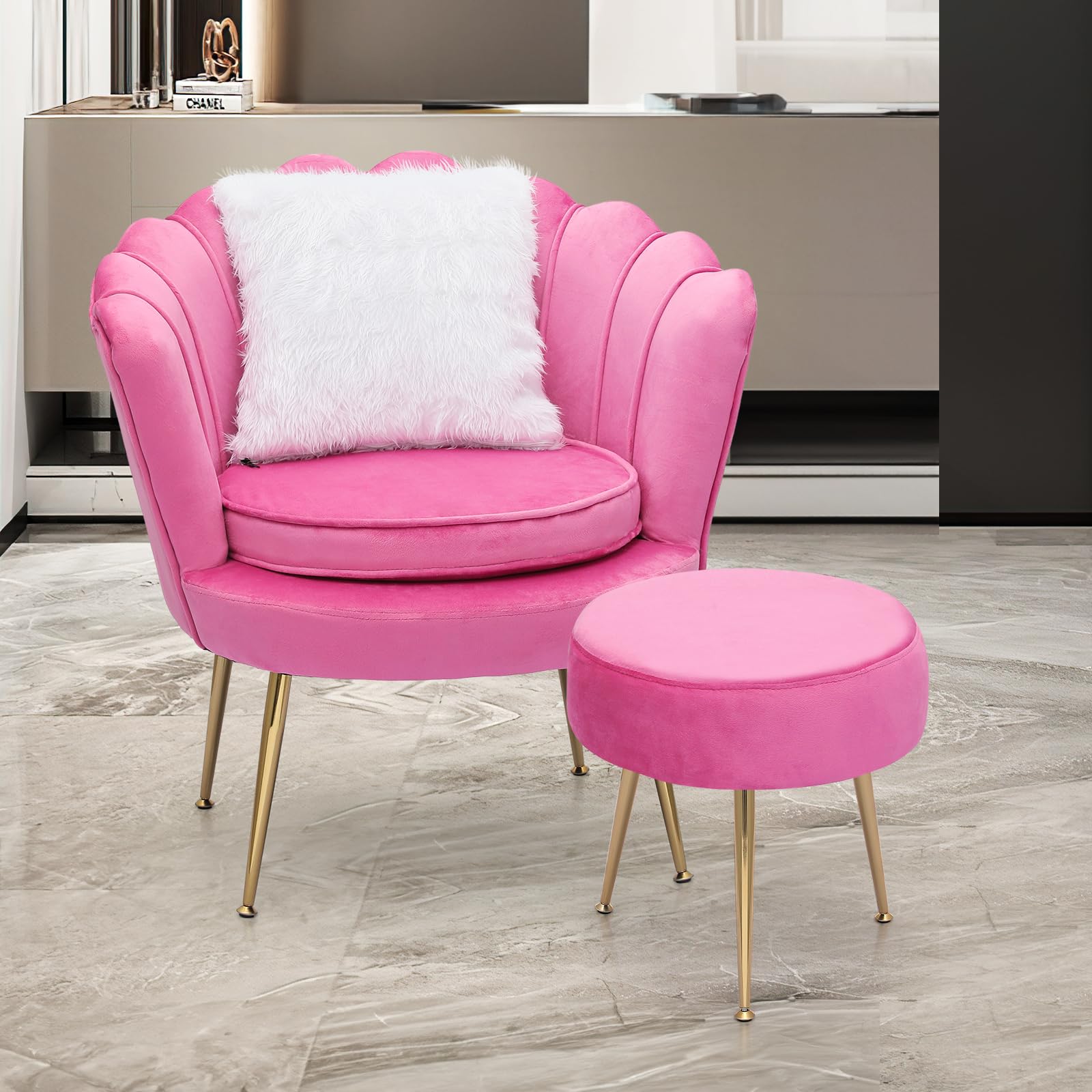 MoNiBloom Pink Accent Chair with Ottoman, Living Room Upholstered Modern Velvet Chair, Bedroom Leisure Single Sofa Chair Armchair Comfy Chair Reading Club Coffee Chair with Pillow and Soft Cushion