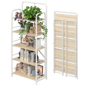 4nm no assembly folding bookshelf, 5 tier vintage industrial book shelf,metal foldable storage bookcase and bookshelves for living room,bedroom and kitchen - natural