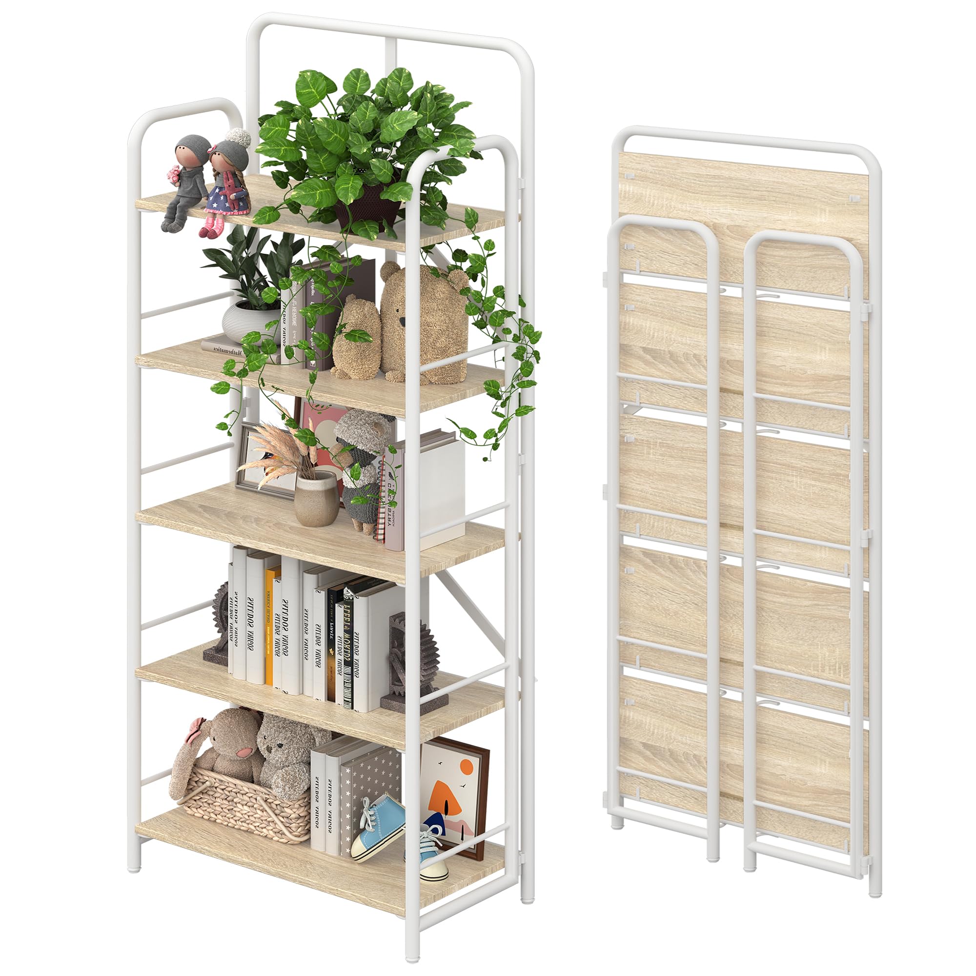 4NM No Assembly Folding Bookshelf, 5 Tier Vintage Industrial Book Shelf,Metal Foldable Storage Bookcase and Bookshelves for Living Room,Bedroom and Kitchen - Natural