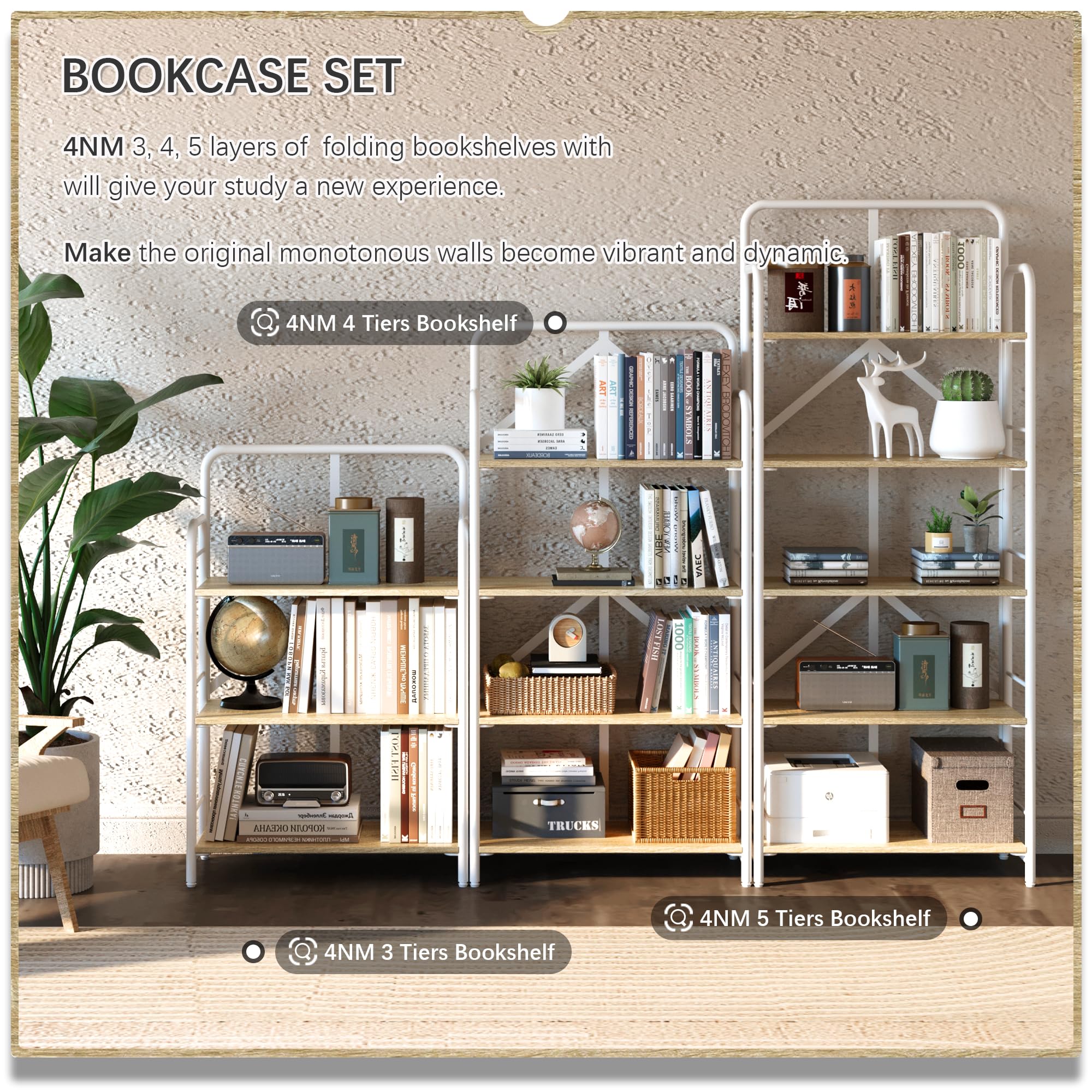 4NM No Assembly Folding Bookshelf, 5 Tier Vintage Industrial Book Shelf,Metal Foldable Storage Bookcase and Bookshelves for Living Room,Bedroom and Kitchen - Natural