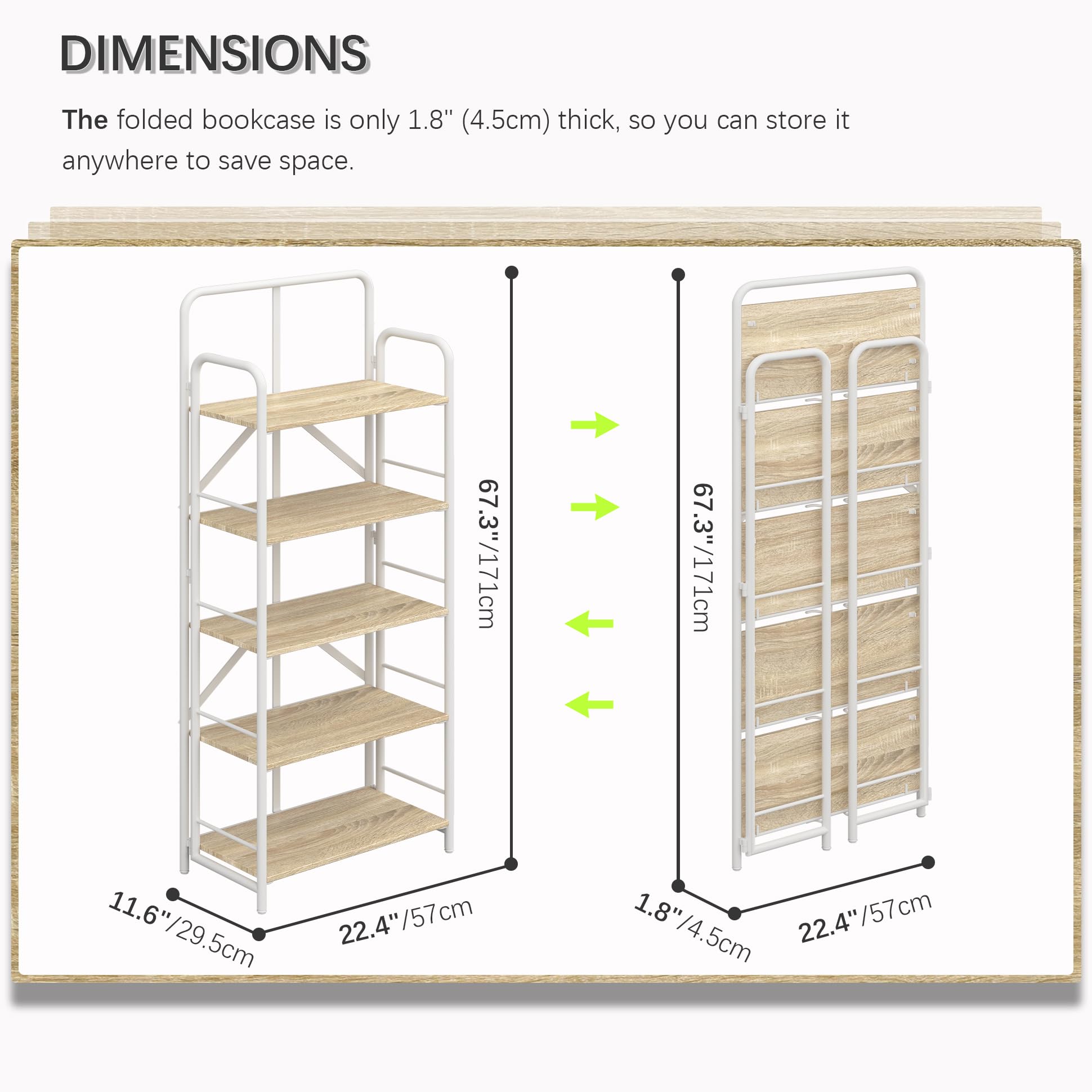 4NM No Assembly Folding Bookshelf, 5 Tier Vintage Industrial Book Shelf,Metal Foldable Storage Bookcase and Bookshelves for Living Room,Bedroom and Kitchen - Natural