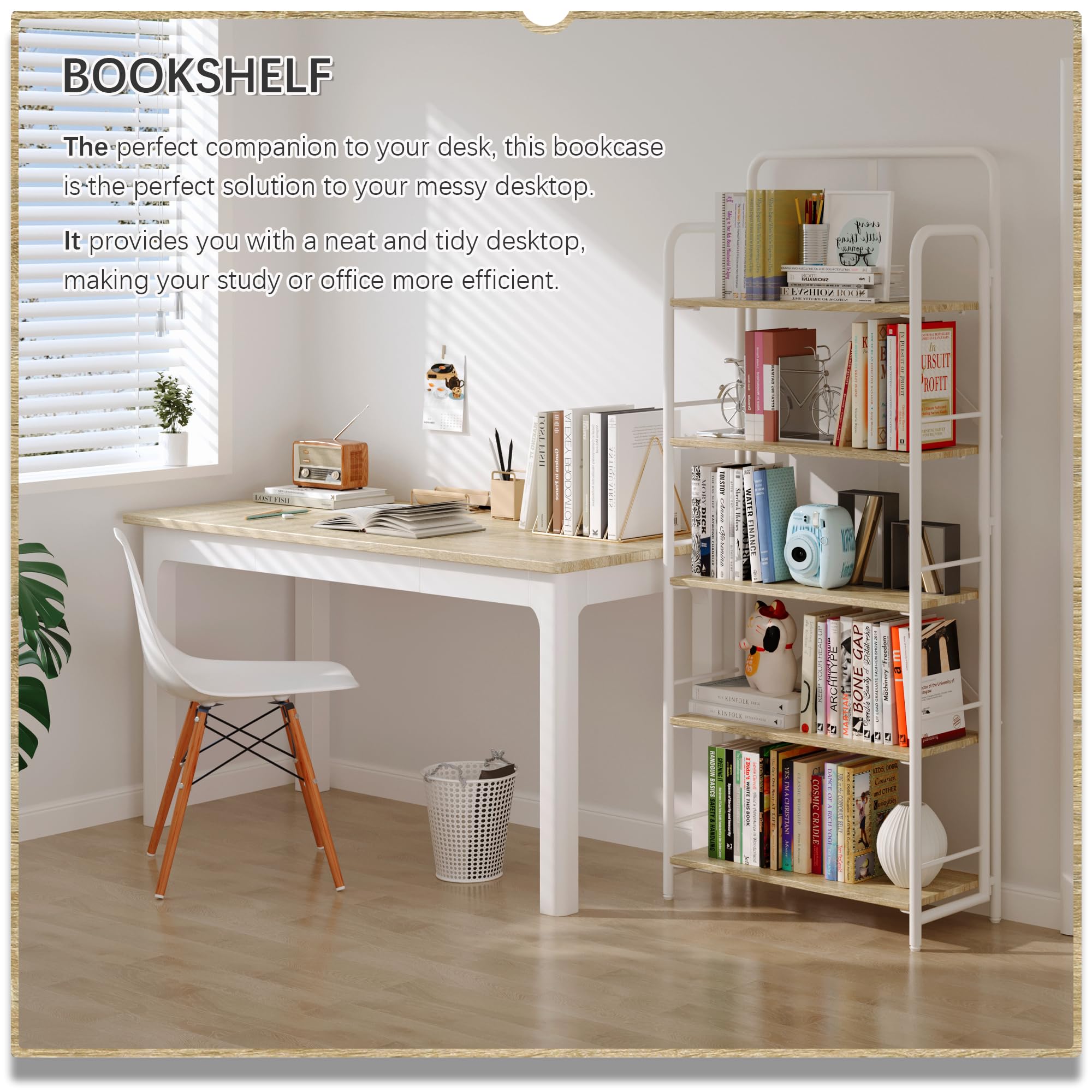 4NM No Assembly Folding Bookshelf, 5 Tier Vintage Industrial Book Shelf,Metal Foldable Storage Bookcase and Bookshelves for Living Room,Bedroom and Kitchen - Natural