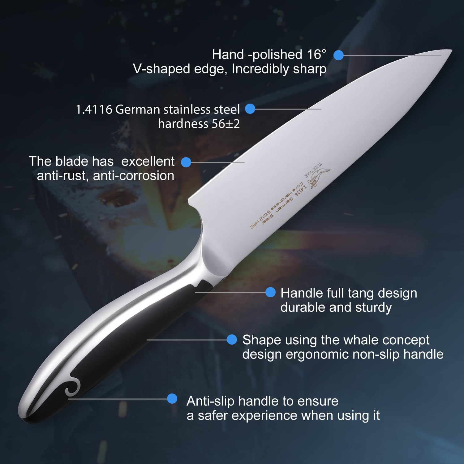 YONOVAK High-Class Chef Knife - Dishwasher Safe Non-Rust Kitchen Knife 8 Inch High Carbon Steel Cooking Knife - New Type Full Tang Handle Chefs Knife