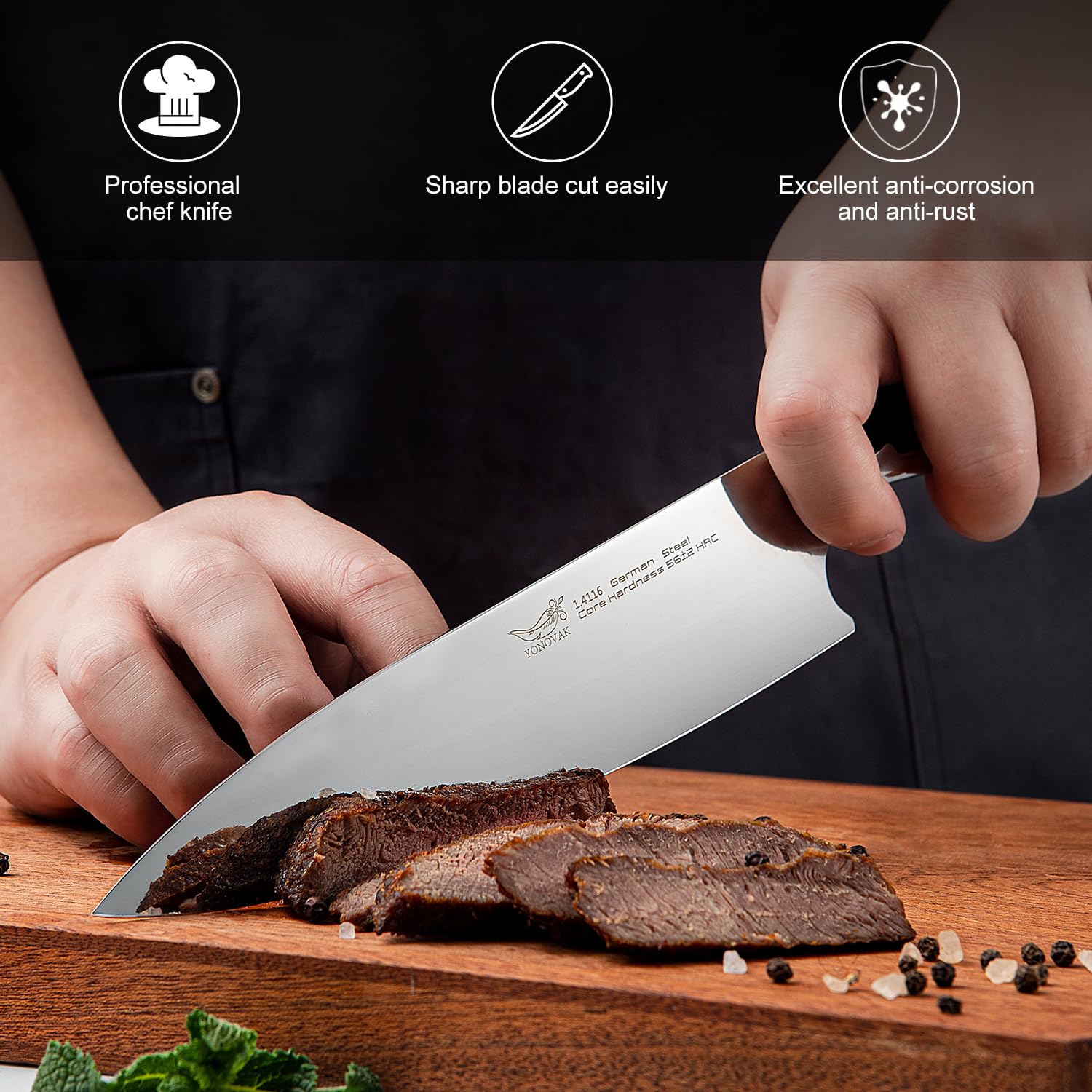 YONOVAK High-Class Chef Knife - Dishwasher Safe Non-Rust Kitchen Knife 8 Inch High Carbon Steel Cooking Knife - New Type Full Tang Handle Chefs Knife