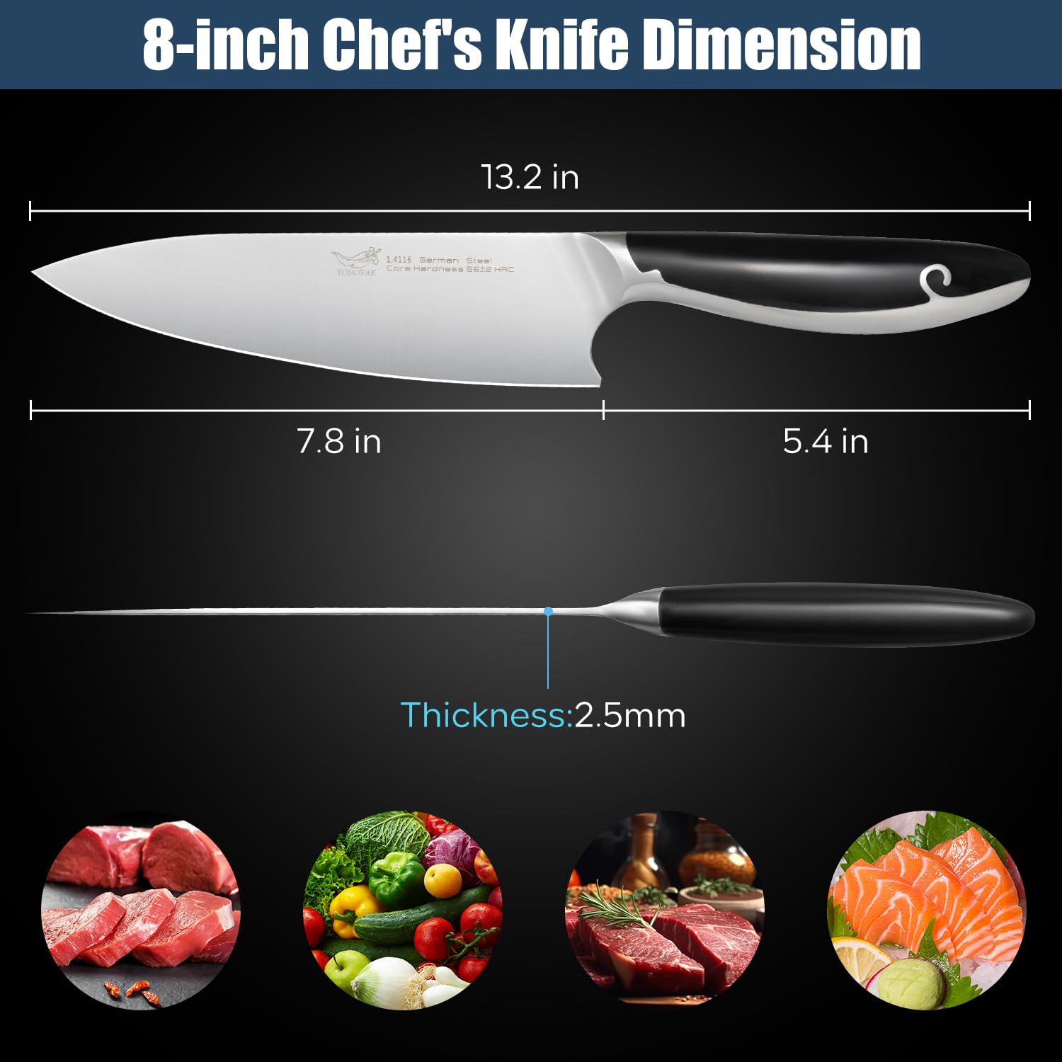 YONOVAK High-Class Chef Knife - Dishwasher Safe Non-Rust Kitchen Knife 8 Inch High Carbon Steel Cooking Knife - New Type Full Tang Handle Chefs Knife