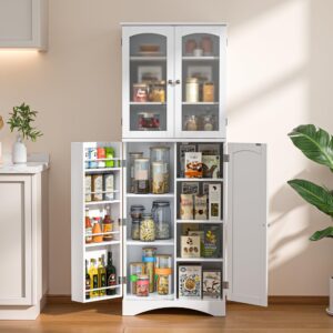gizoon 64" kitchen pantry cabinet, tall storage cabinet with glass doors and adjustable shelves, freestanding floor cabinet cupboard for kitchen, living room, dining room (white)