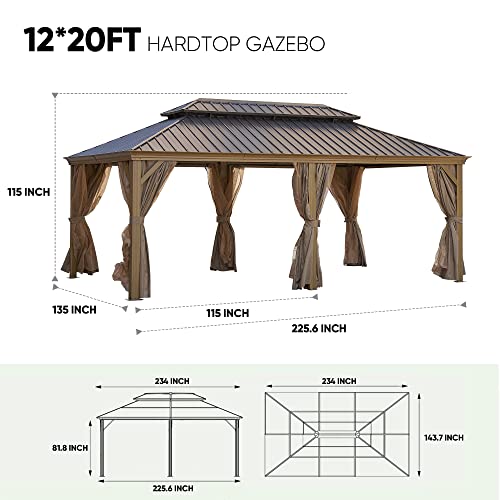 12x20FT Outdoor Permanent Hardtop Gazebo Canopy for Patio, Garden, Backyard - Alu Gazebo with Steel Canopy and Double-Roof Design