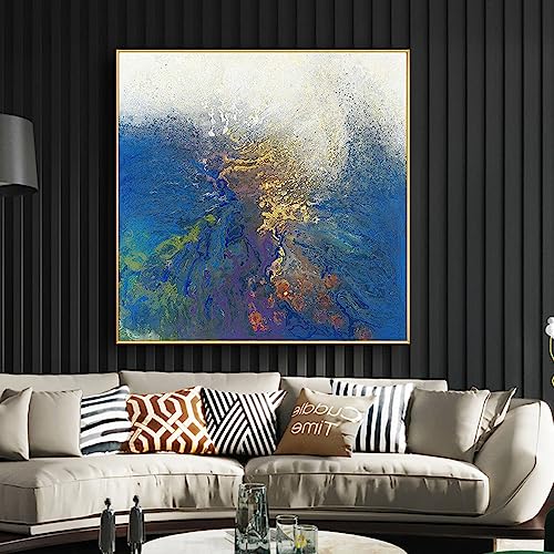 Hand Painted Oil Painting On Canvas Abstract Blue Seascape 3D Colorful Modern Painting Wall Art,31inx31in,No Frame