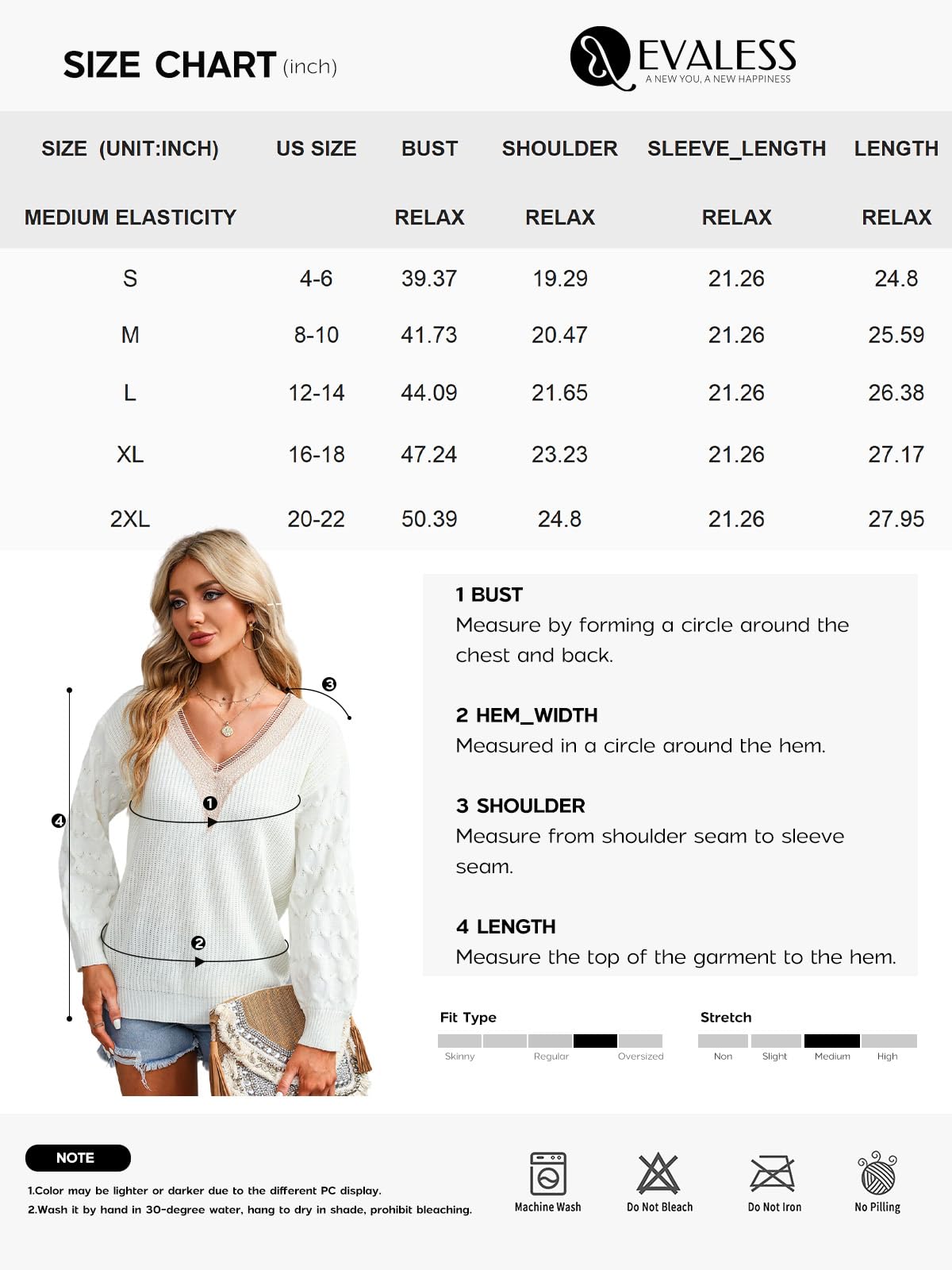 EVALESS Women's Long Sleeve Sweaters Fall 2024 Trendy Sexy Lace V Neck Knit Drop Shoulder Ladies Cute Winter Pullover Tunic Sweater Jumper Tops White Medium