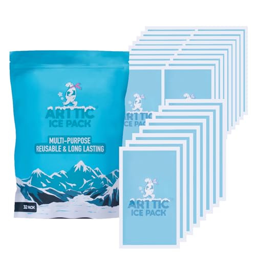 Arttic Gel Ice Packs – Dry Ice for Shipping Frozen Food, Injuries & Lunch Boxes – Multi-Purpose, Reusable & Long-Lasting Ice Bags – Cold Packs for Coolers & Keeping Food Fresh – Freezer bags (32 Pack)