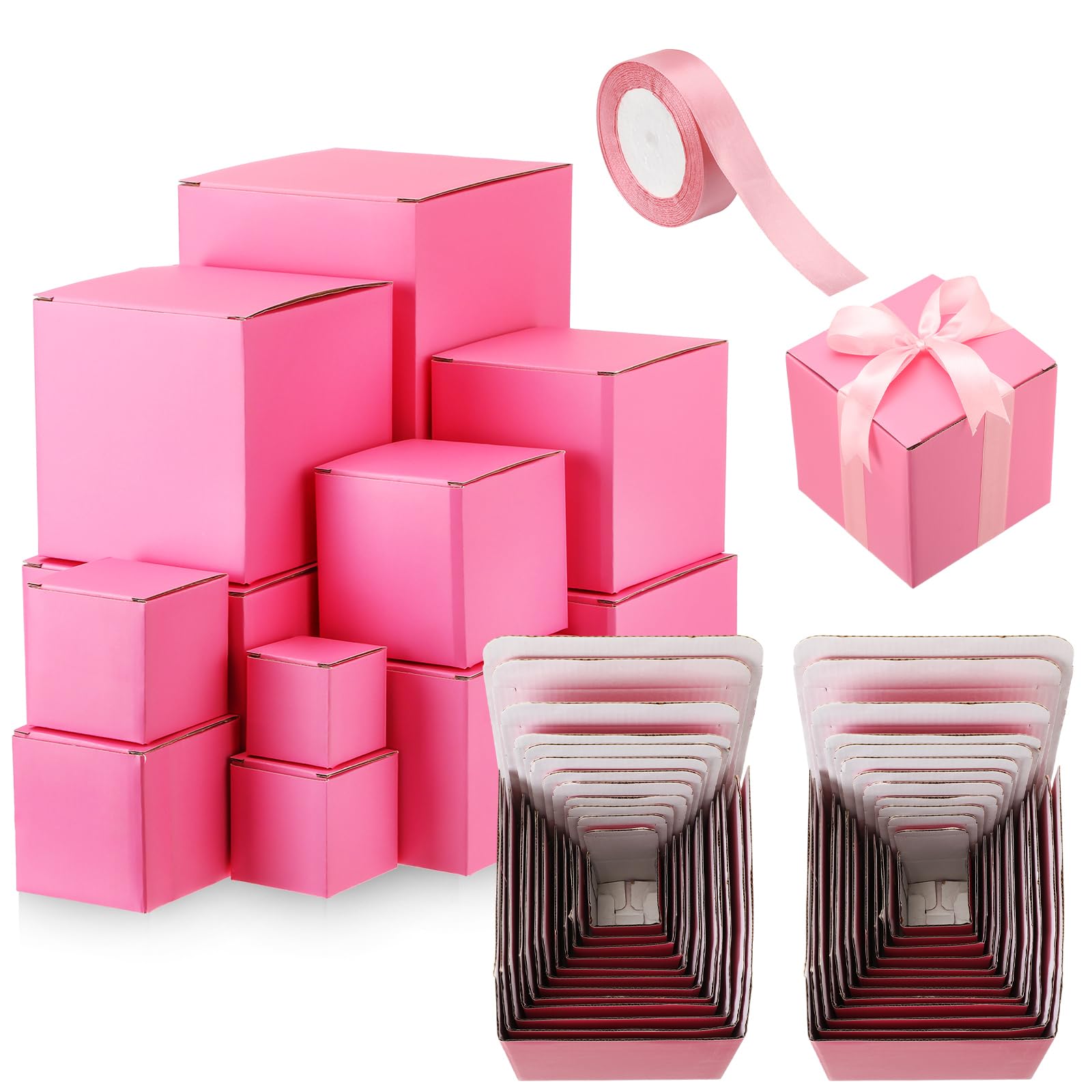 Yeaqee 24 Pcs Prank Gift Box with Ribbon Nesting Gift Boxes Assorted Sizes Surprise Square Funny Gag Gift Box for Packaging Presents Weddings Birthday Christmas Anniversaries, 1.9-6.3 Inch (Pink)