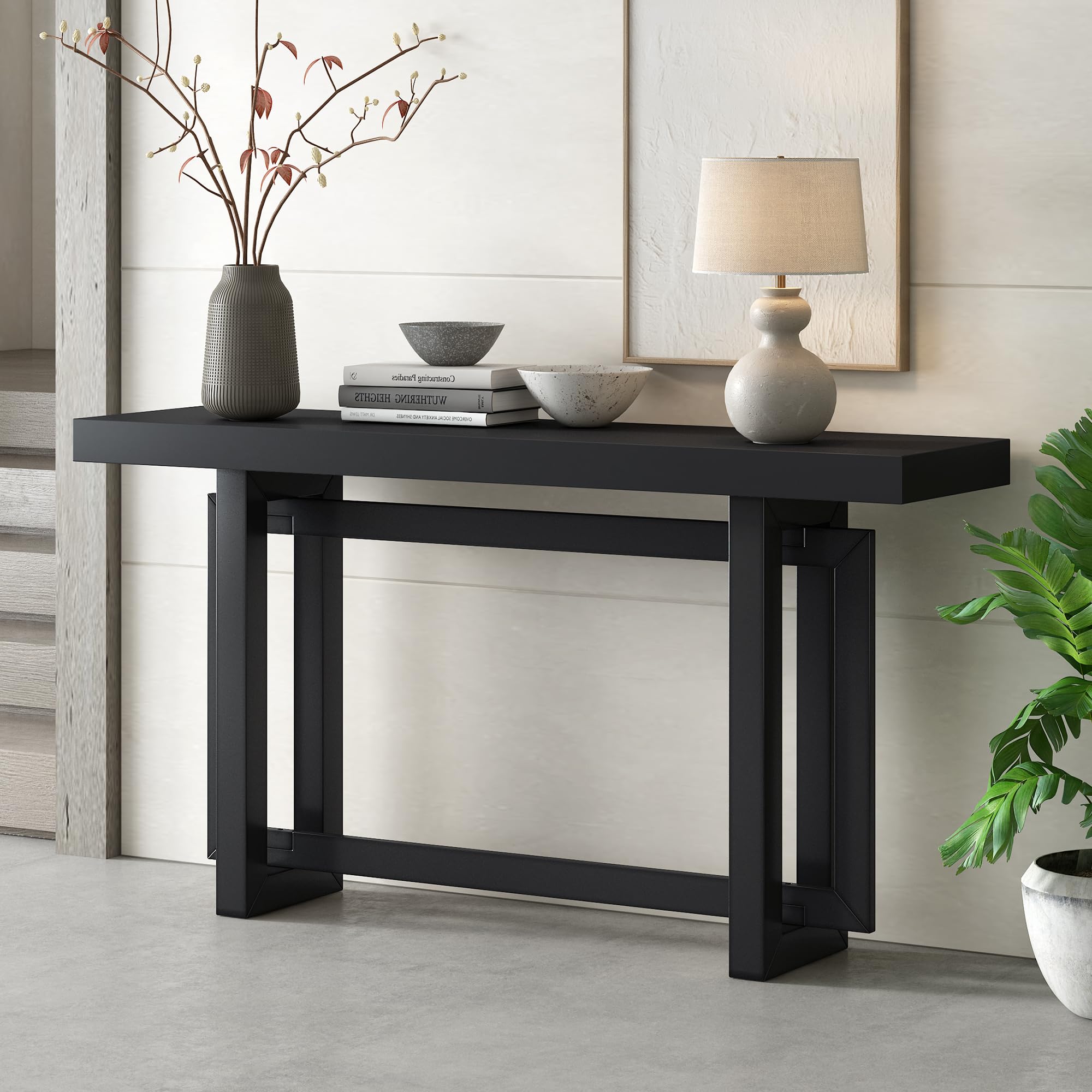 Hlcodca Contemporary Console Table with Industrial-Inspired Concrete Wood Top, Wood Legs, Extra Long Entryway Table for Entryway, Hallway, Living Room, Foyer, Corridor (Black)