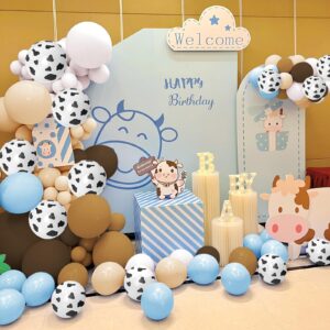 150 Pieces Cow Balloons Garland Arch Kit Cowgirl Cowboy Blue Balloons White Brown Cow Print Farm Animal Balloons for Baby Shower Farm Birthday Party Decorations