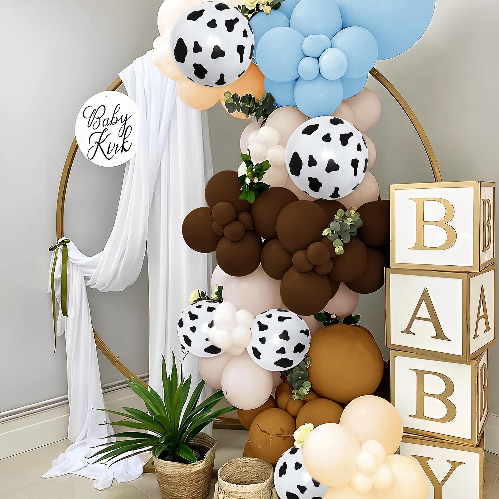 150 Pieces Cow Balloons Garland Arch Kit Cowgirl Cowboy Blue Balloons White Brown Cow Print Farm Animal Balloons for Baby Shower Farm Birthday Party Decorations