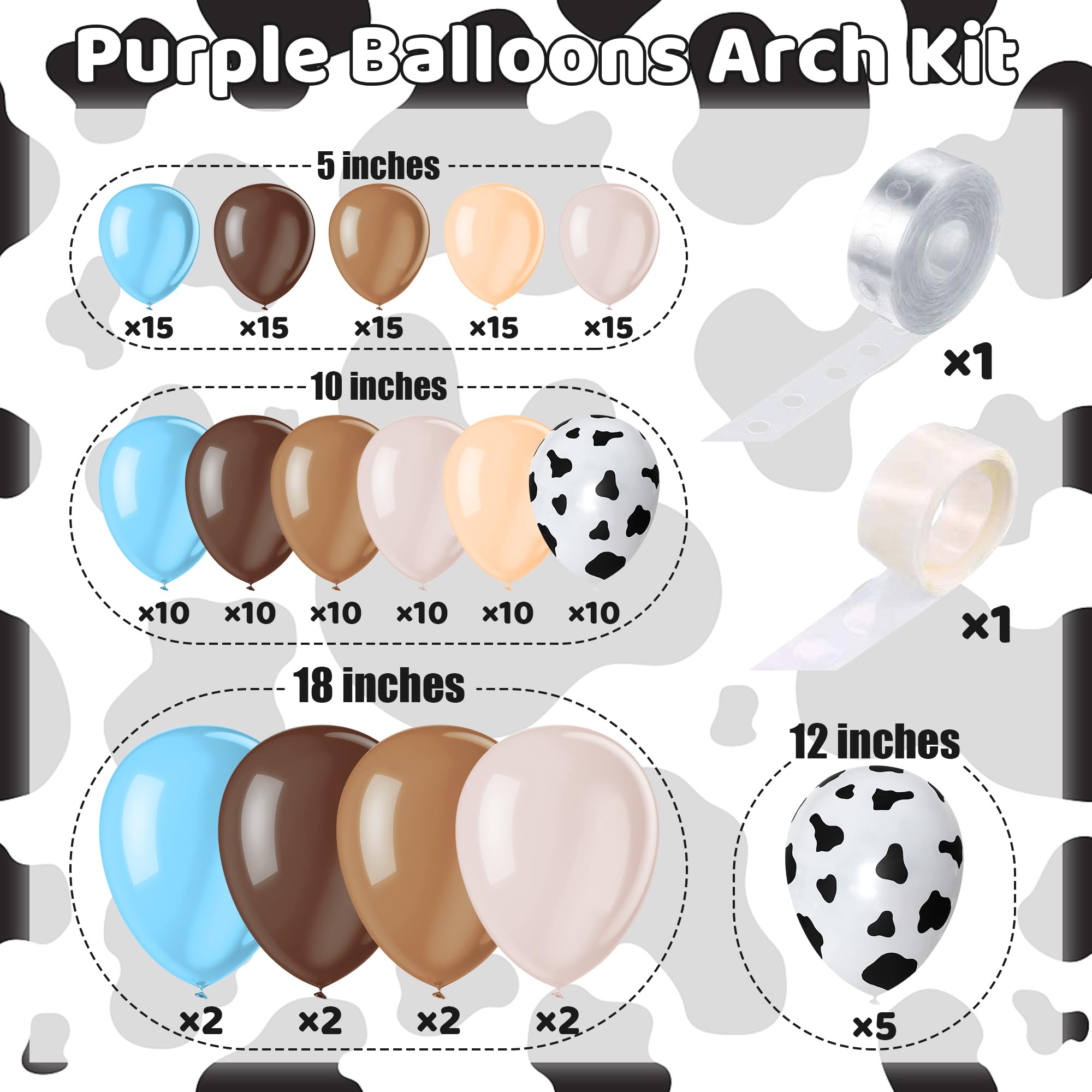 150 Pieces Cow Balloons Garland Arch Kit Cowgirl Cowboy Blue Balloons White Brown Cow Print Farm Animal Balloons for Baby Shower Farm Birthday Party Decorations