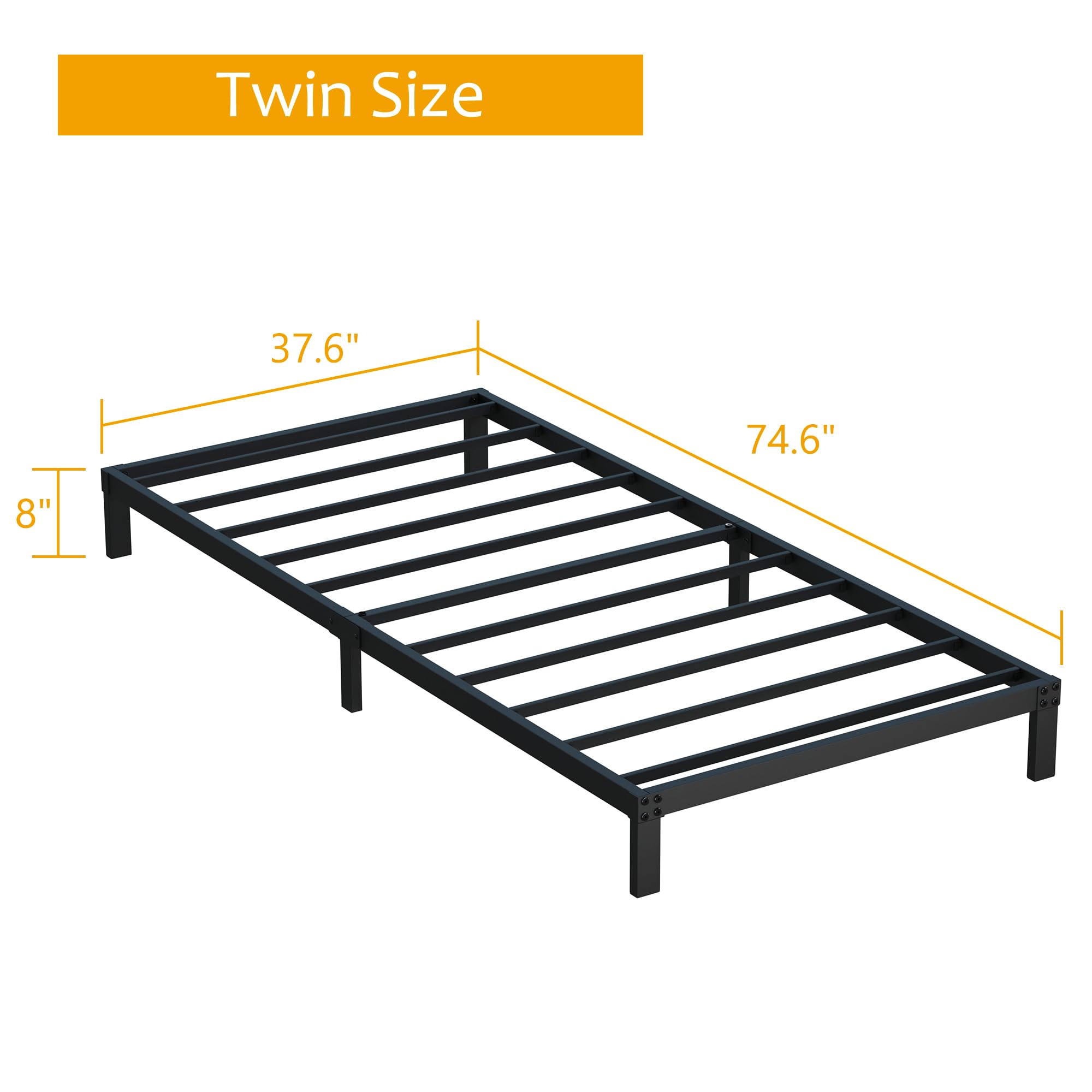 Maenizi 8 Inch Twin Bed Frame No Box Spring Needed, Heavy Duty Metal Platform Bed Frame Twin Size Support Up to 2500 lbs, Easy Assembly, Noise Free, Black