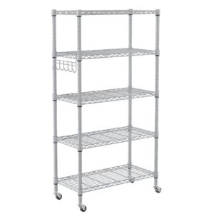 homdox 5 tier adjustable rolling storage shelves, heavy duty wire storage racks and shelving, metal shelves for storage with side hooks for pantry closet kitchen garage organization, silver gray