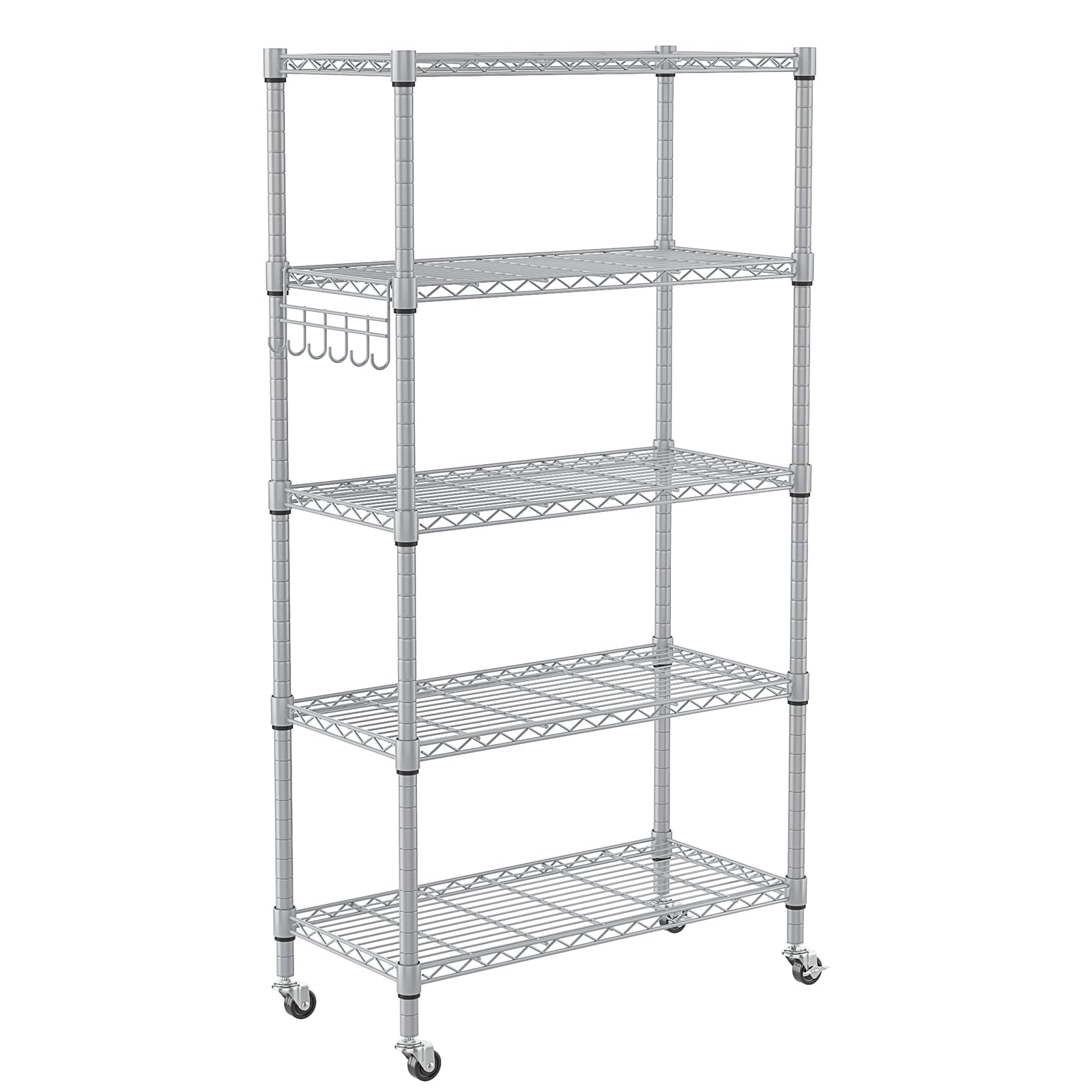 Homdox 5 Tier Adjustable Rolling Storage Shelves, Heavy Duty Wire Storage Racks and Shelving, Metal Shelves for Storage with Side Hooks for Pantry Closet Kitchen Garage Organization, Silver Gray