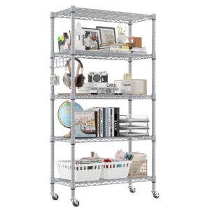 Homdox 5 Tier Adjustable Rolling Storage Shelves, Heavy Duty Wire Storage Racks and Shelving, Metal Shelves for Storage with Side Hooks for Pantry Closet Kitchen Garage Organization, Silver Gray