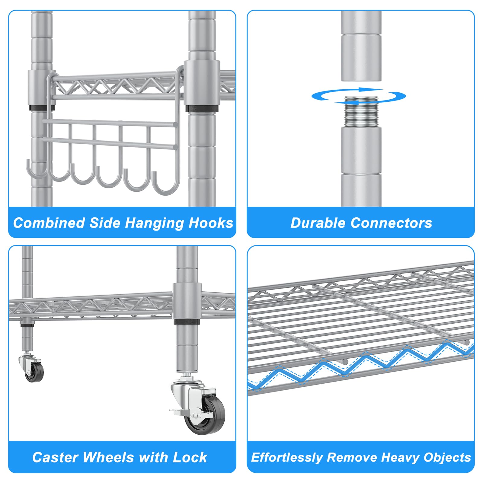 Homdox 5 Tier Adjustable Rolling Storage Shelves, Heavy Duty Wire Storage Racks and Shelving, Metal Shelves for Storage with Side Hooks for Pantry Closet Kitchen Garage Organization, Silver Gray