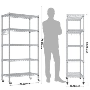 Homdox 5 Tier Adjustable Rolling Storage Shelves, Heavy Duty Wire Storage Racks and Shelving, Metal Shelves for Storage with Side Hooks for Pantry Closet Kitchen Garage Organization, Silver Gray