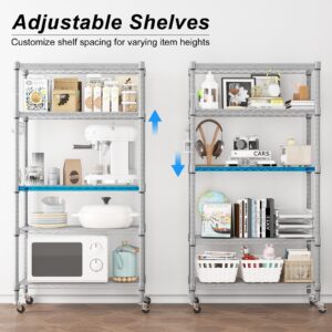 Homdox 5 Tier Adjustable Rolling Storage Shelves, Heavy Duty Wire Storage Racks and Shelving, Metal Shelves for Storage with Side Hooks for Pantry Closet Kitchen Garage Organization, Silver Gray