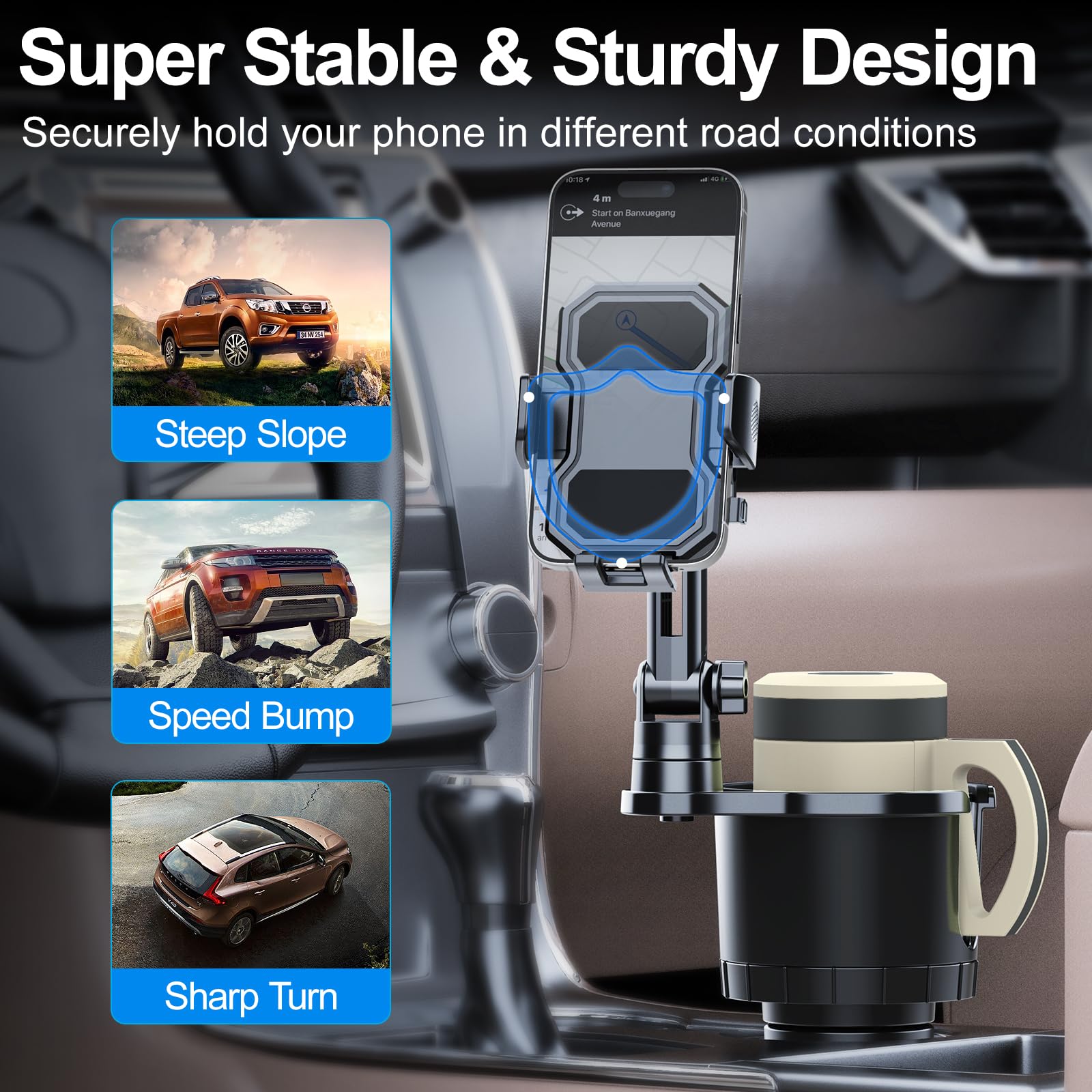 Cup Holder Phone Mount for Car, Adjustable Cup Holder Base Diameter Range is 2.5"- 4.1", Suitable for Most Car, Height and Angle Adjustment, Compatible with Most Smart Phones