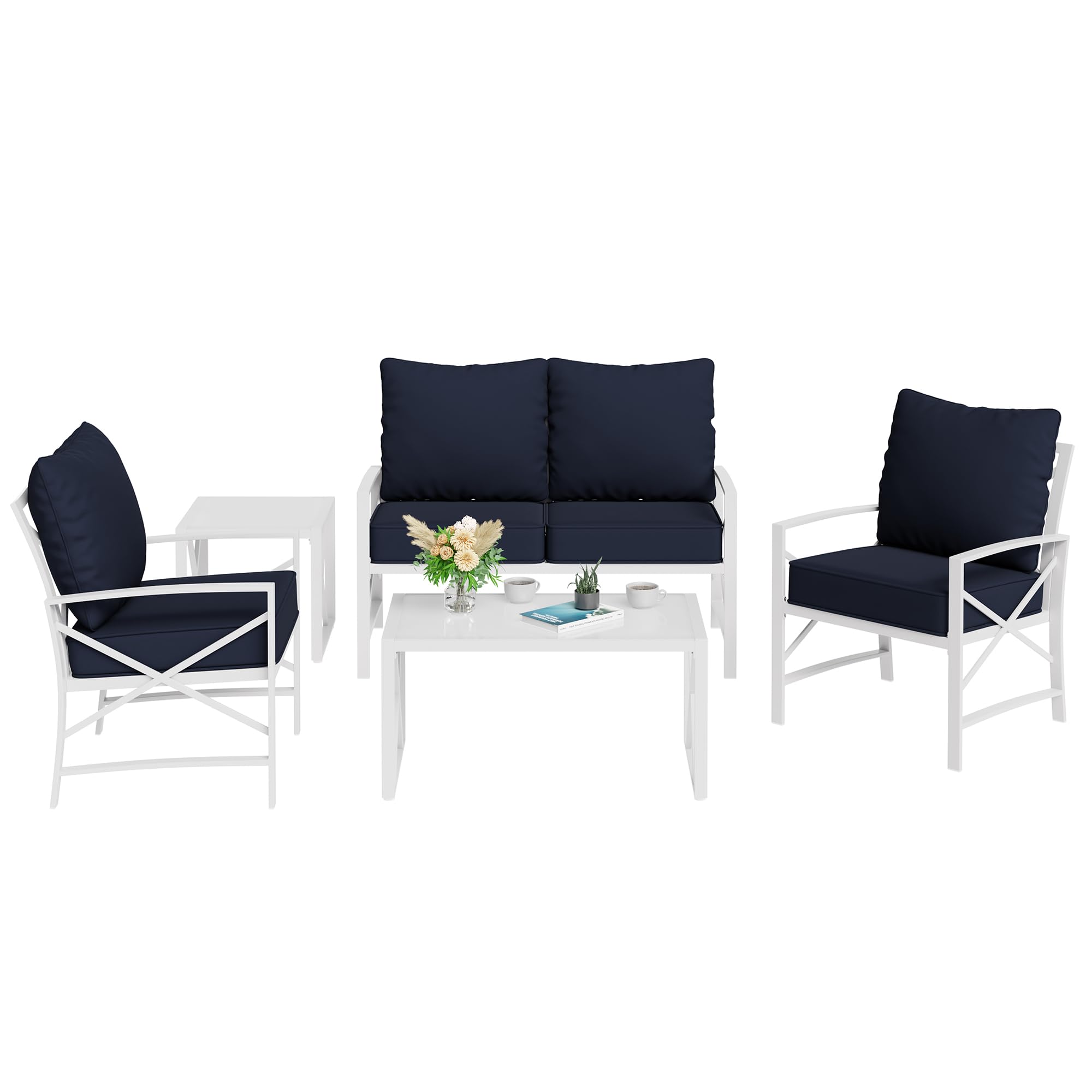 Shintenchi 5 Piece Outdoor Furniture Sets, White Metal Sofa Conversation Sets with Loveseat, Two Single Chairs and Two Coffee Tables for Backyard, Patio, Balcony, Poolside (Dark Blue)