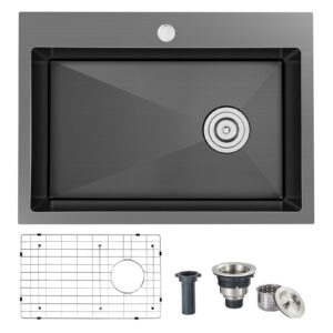 ougoo kitchen sink, 22 x 18 drop in sink, 9" deep single bowl kitchen sinks, 304 stainless steel topmount kitchen sink with strainer & bottom grid, black