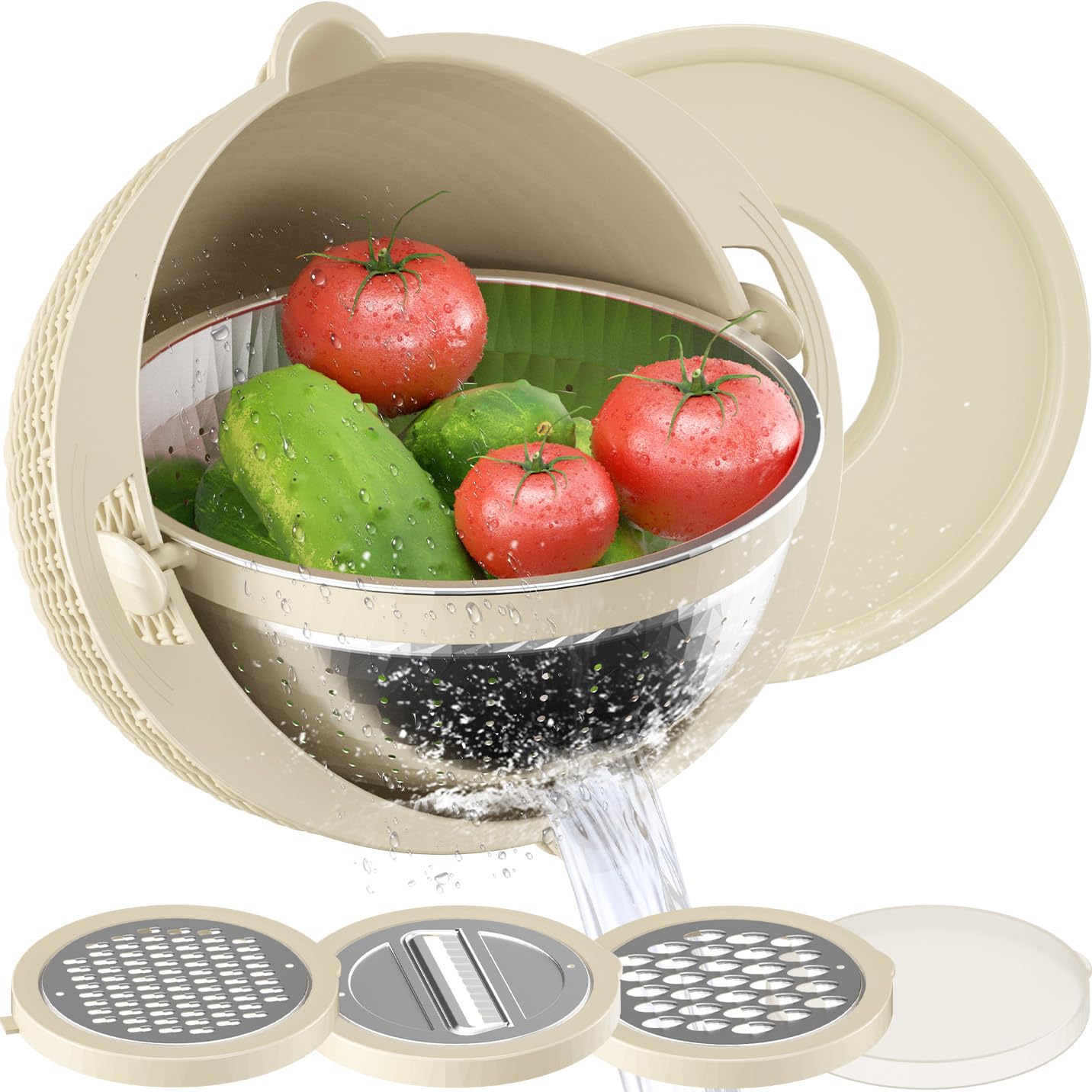 4-1 Colander with Bowl Set - Strainers for Kitchen, Food Strainers and Colanders, Pasta Strainer, Rice Strainer, Fruit Cleaner, Veggie Wash, Salad Spinner, Apartment & Home Essentials - Beige