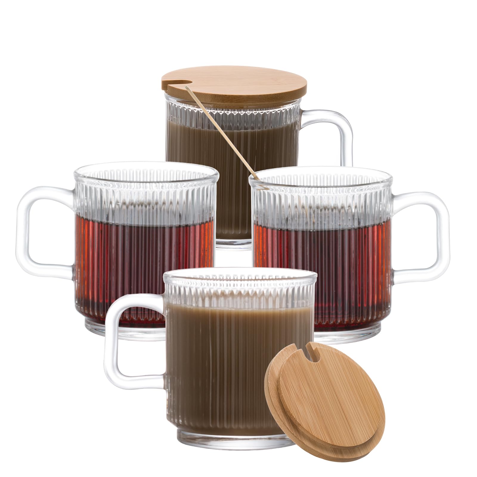 HUAHANGNA Vintage Coffee Glass Mugs for Beverage - Ribbed Short Latte Cups Set of 4, Clear Tea Cup with Bamboo Lid and Spoon, Dessert, Pudding, Ice Cream, Yogurt, Cappuccino, Espresso cup