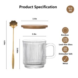 HUAHANGNA Vintage Coffee Glass Mugs for Beverage - Ribbed Short Latte Cups Set of 4, Clear Tea Cup with Bamboo Lid and Spoon, Dessert, Pudding, Ice Cream, Yogurt, Cappuccino, Espresso cup