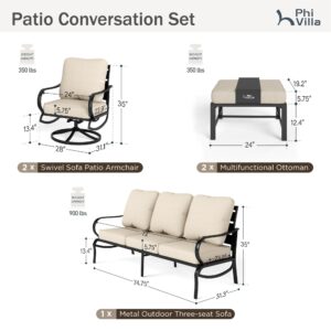 PHI VILLA 5 PCS Patio Furniture Sets with 1 x 3 Seater 5.75" Cushioned Deep Seating Bench, 2 x Swivel Sofa Chairs & 2 x Metal Cushioned Ottoman, Outdoor Furniture Deluxe Patio Set for Garden