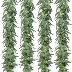 Dremisland Eucalyptus Garland with Long Willow Leaves 2 Packs 5.9Ft Silver Dollar Boston Fern Greenery Garland White Flowers Eucalyptus Vines for Wedding Party Mantle Table Runner Home Decor (4PCS)