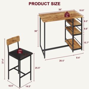 IDEALHOUSE Kitchen Table Set, Dining Table and Chairs for 2 with Storage Shelf, Dining Room Table Set with 2 Upholstered Chairs, Bar Dining Table Set for Small Spaces, Apartment, Rustic Brown