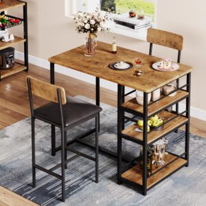 IDEALHOUSE Kitchen Table Set, Dining Table and Chairs for 2 with Storage Shelf, Dining Room Table Set with 2 Upholstered Chairs, Bar Dining Table Set for Small Spaces, Apartment, Rustic Brown