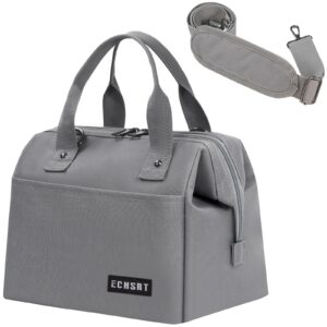 echsrt insulated lunch bag women/men, 10l reusable lunch tote bag with adjustable shoulder strap, leakproof lunch box cooler for work office - wide open lunchbox grey lunchbag