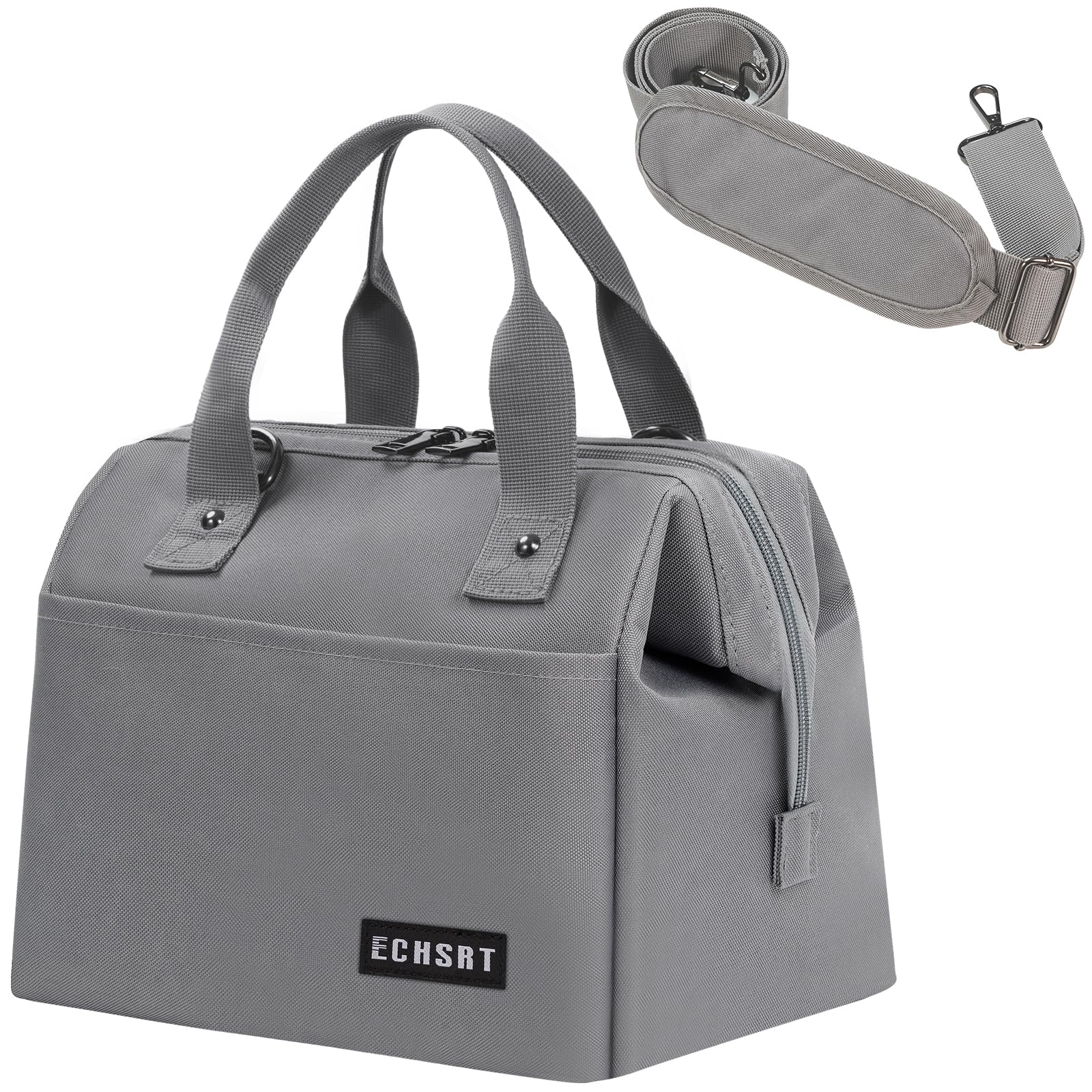 ECHSRT Insulated Lunch Bag Women/Men, 10L Reusable Lunch Tote Bag with Adjustable Shoulder Strap, Leakproof Lunch Box Cooler for Work Office - Wide Open Lunchbox Grey Lunchbag