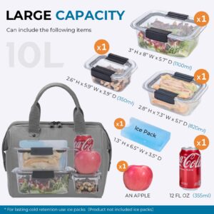 ECHSRT Insulated Lunch Bag Women/Men, 10L Reusable Lunch Tote Bag with Adjustable Shoulder Strap, Leakproof Lunch Box Cooler for Work Office - Wide Open Lunchbox Grey Lunchbag