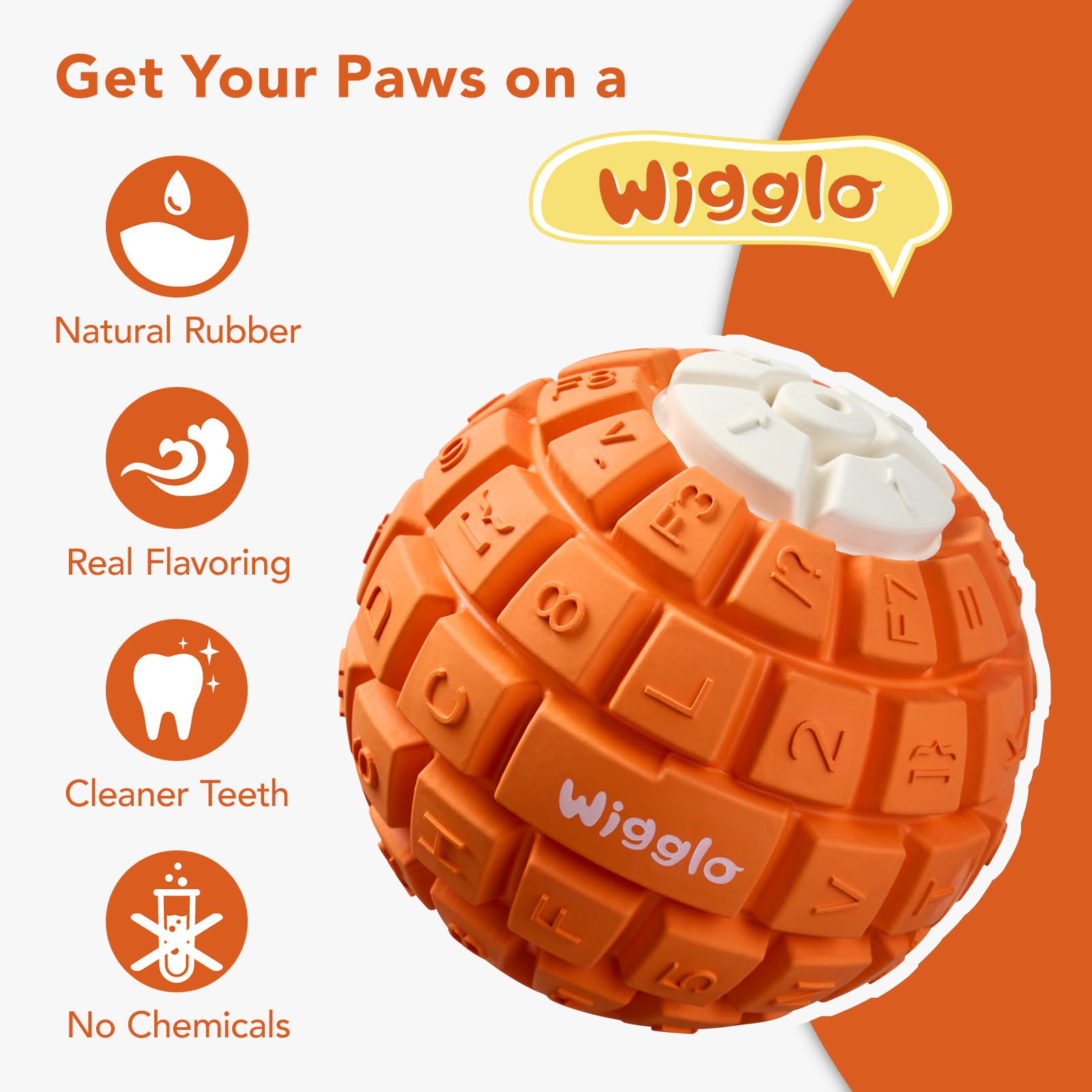 Wigglo Tough Durable Dog Ball Toy for Aggressive Chewers, Natural Rubber Dog Toy for Large/Medium Dogs, 3.5" Diameter Dog Ball Chew Toy, Helps with Dog Separation Anxiety, Dishwasher Safe, Orange