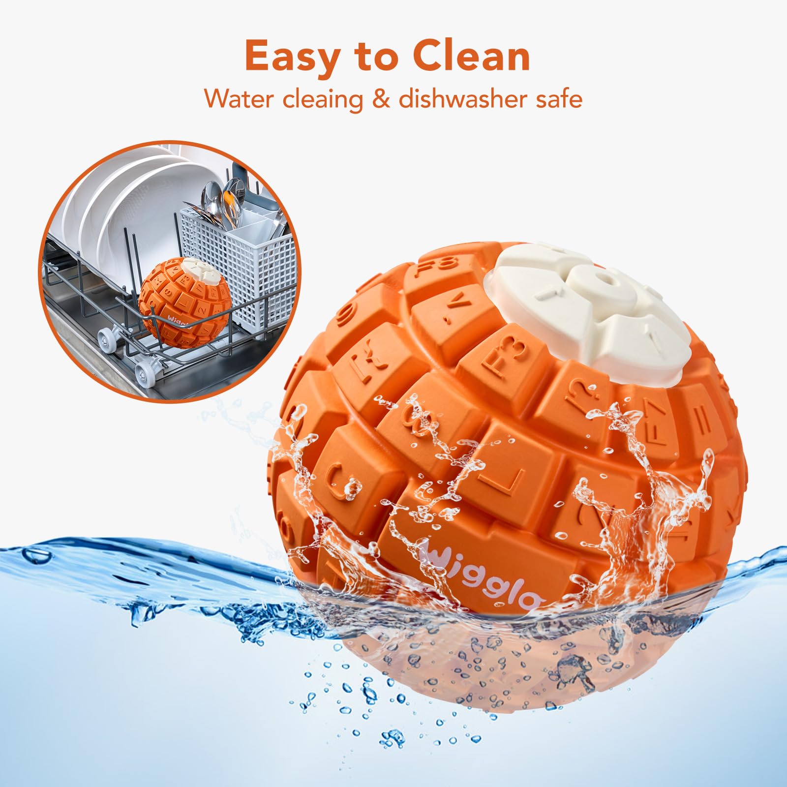 Wigglo Tough Durable Dog Ball Toy for Aggressive Chewers, Natural Rubber Dog Toy for Large/Medium Dogs, 3.5" Diameter Dog Ball Chew Toy, Helps with Dog Separation Anxiety, Dishwasher Safe, Orange