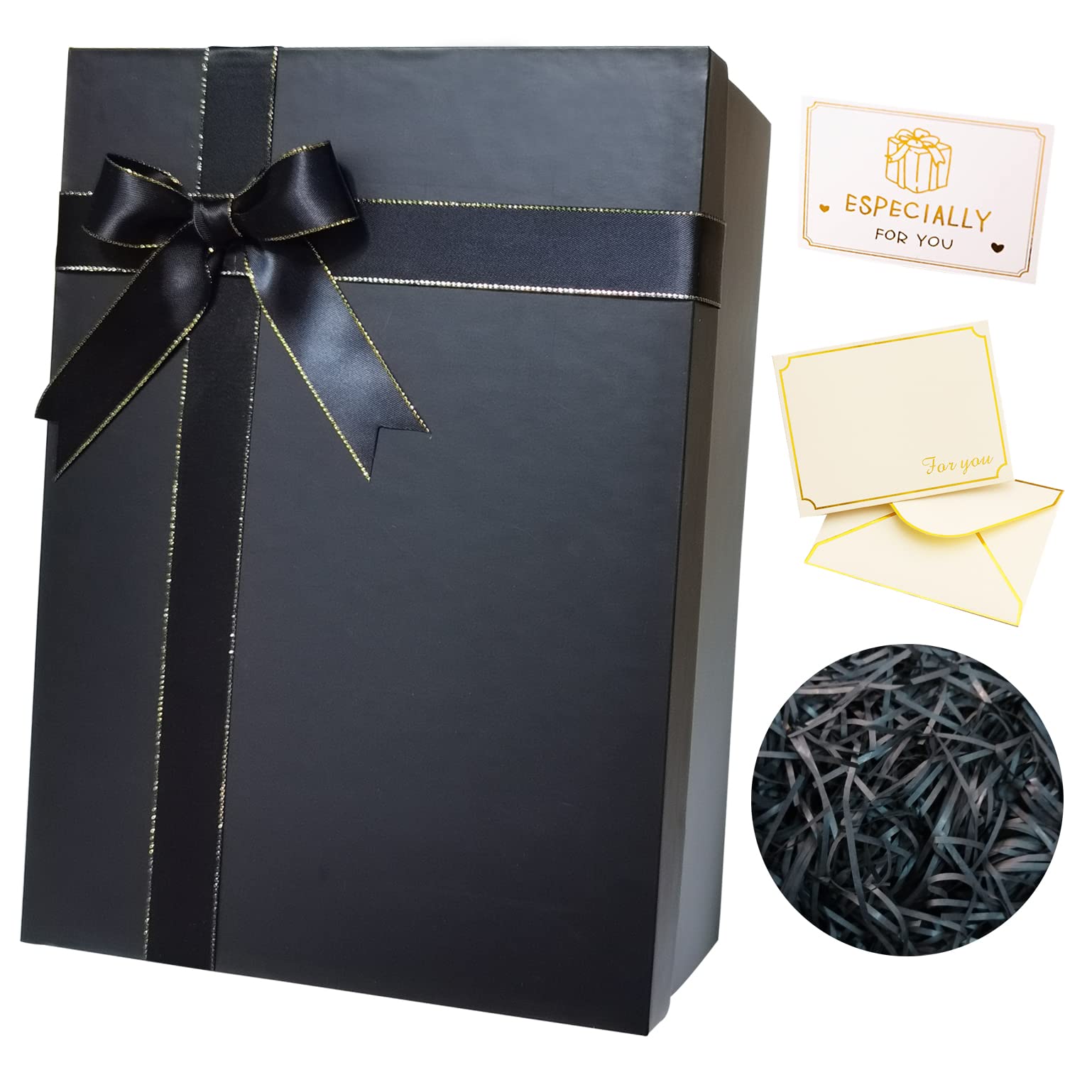 MYGOGOART Large Black Gift Box 13 x 10 x 5 Inches with Lid, Ribbon Bow, Shredded Raffia Paper Fill, Greeting Card and Envelope for Wedding Birthday Valentines Bridal Gifts (1 pack, Black)